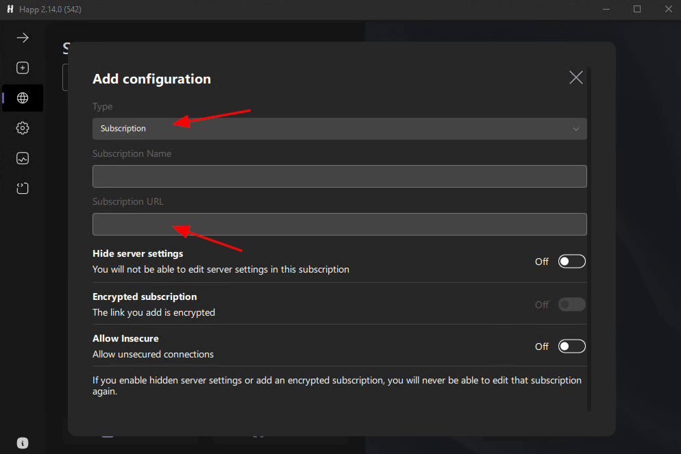 Windows: режим Subscription и поле Subscription URL