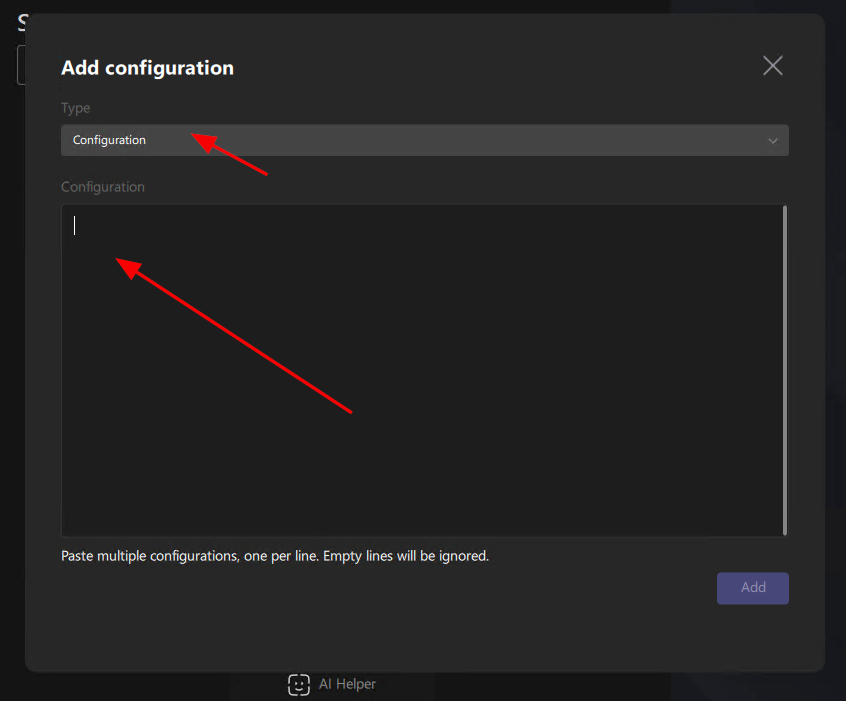 Windows: режим Configuration и поле для конфига
